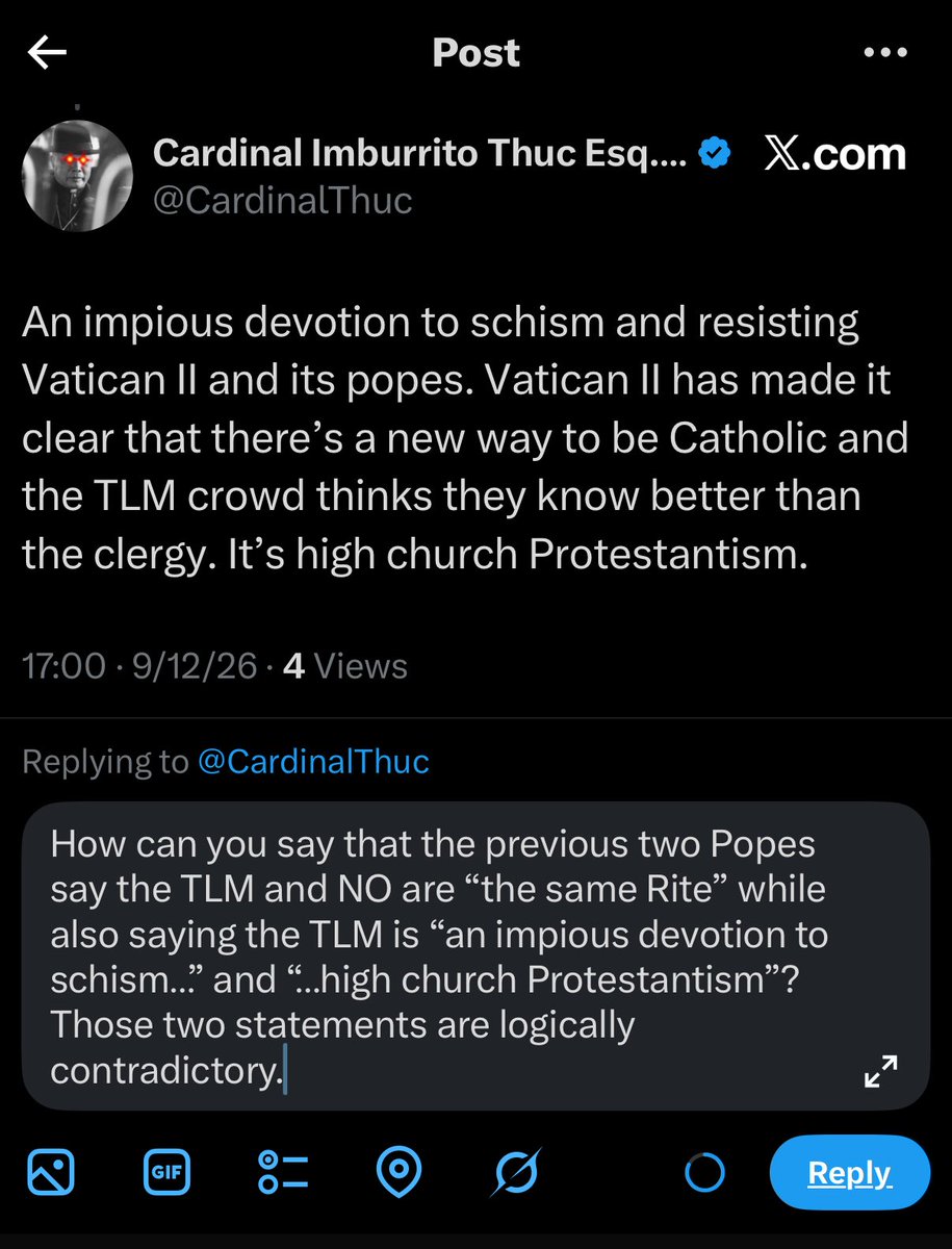 KaliYugaKruiser's tweet photo. If someone can get this question to @CardinalThuc, I’m curious to know if he will address the contradiction or quadruple down on his “Obey the Church unflinchingly or schism” line. https://t.co/n1UdwLNsAN