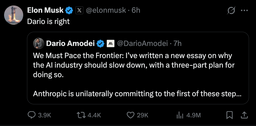 Hunter_Weiss's tweet photo. The goal is open-source death

The AI cartel must be formed to save them from blowing up "trillions in value"

The last few years were scale, ship fast, hate each other. Now it's unite and slow down

When you're supply-capped, "let's pace the frontier" costs you nothing https://t.co/GpUPMQ0WTQ