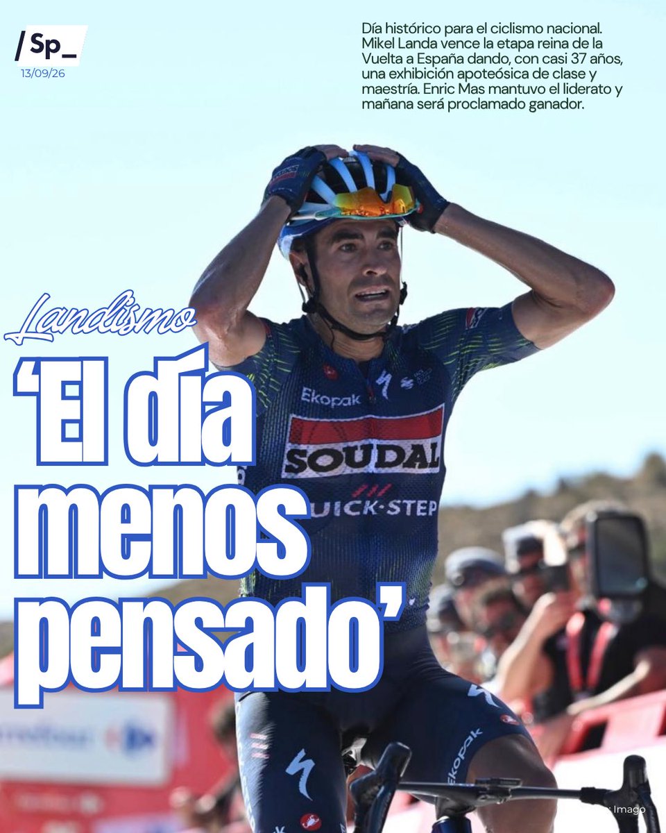 SpheraSports's tweet photo. ‘Landismo ilustrado’. Día histórico para el ciclismo nacional. Mikel Landa vence la etapa reina de @lavuelta dando, con casi 37 años, una exhibición apoteósica de clase y maestría que emocionó a todos los aficionados. Justicia poética. Raza, épica, talento y corazón. 

Enric Mas mantuvo el liderato de La Vuelta con solidez y este domingo será proclamado ganador en La Alhambra. Primer español en ganarla desde 2014. #PortadaSp_