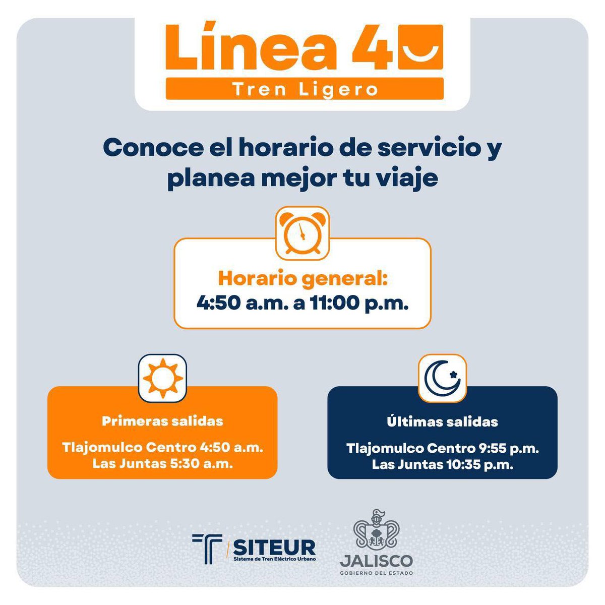 TransporteJal's tweet photo. 🚆 ¿Ya conoces los horarios de la #Línea4 de #MiTren?
Aquí te compartimos toda la información para que planees mejor tus traslados con anticipación. 👇 https://t.co/rlkAJRBvI8