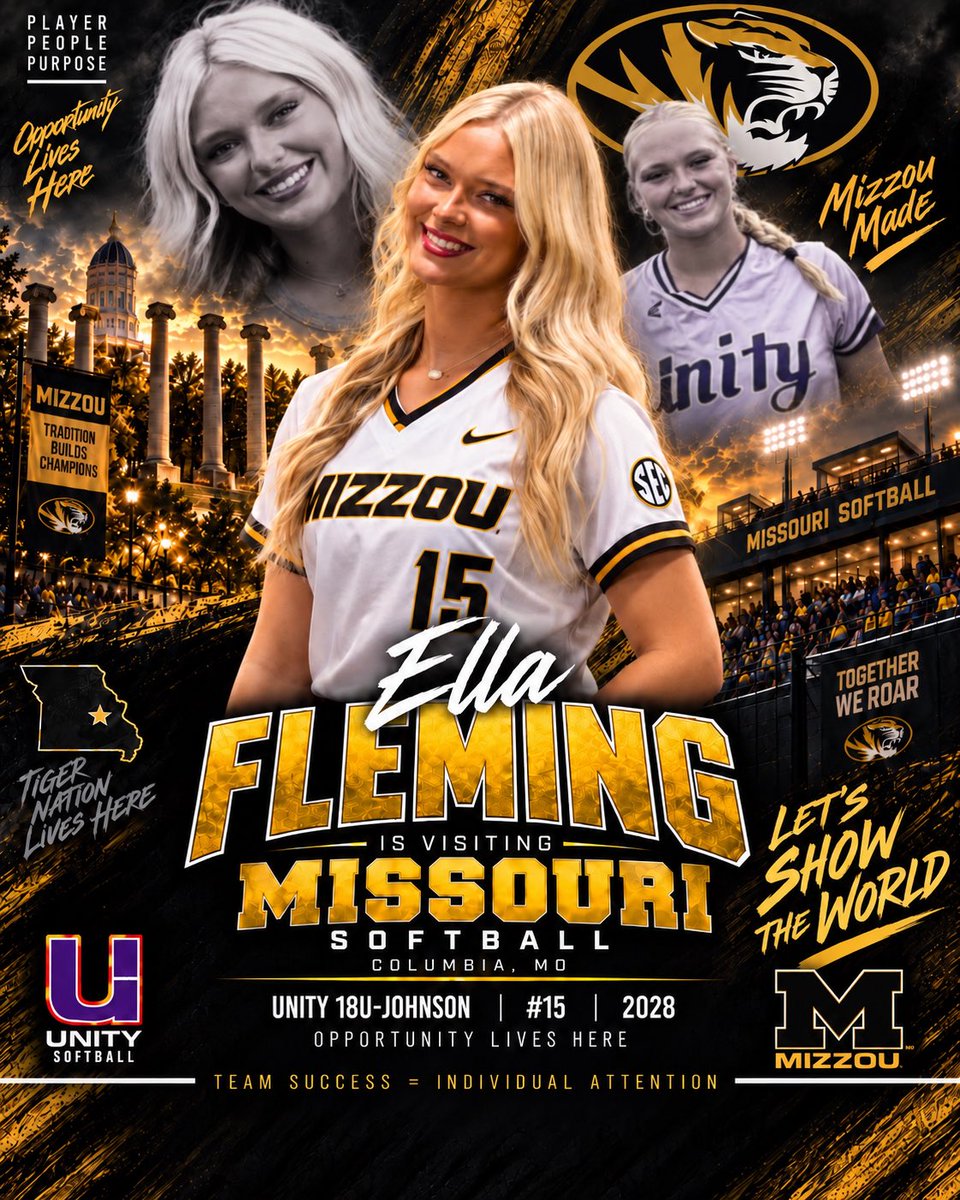 UnityJohnsonVB's tweet photo. Standout 2028 Catcher/1st Baseman @EllaFleming2028 is “Showing the 🌎” what she’s made of!  Excited to hear how much fun she had with @MizzouSoftball @CoachLarissaA @CoachBella42. @VAUnitySB @UnityCoachJosh @ExtraInningSB @LineDsoftball https://t.co/1onzqvUGWq
