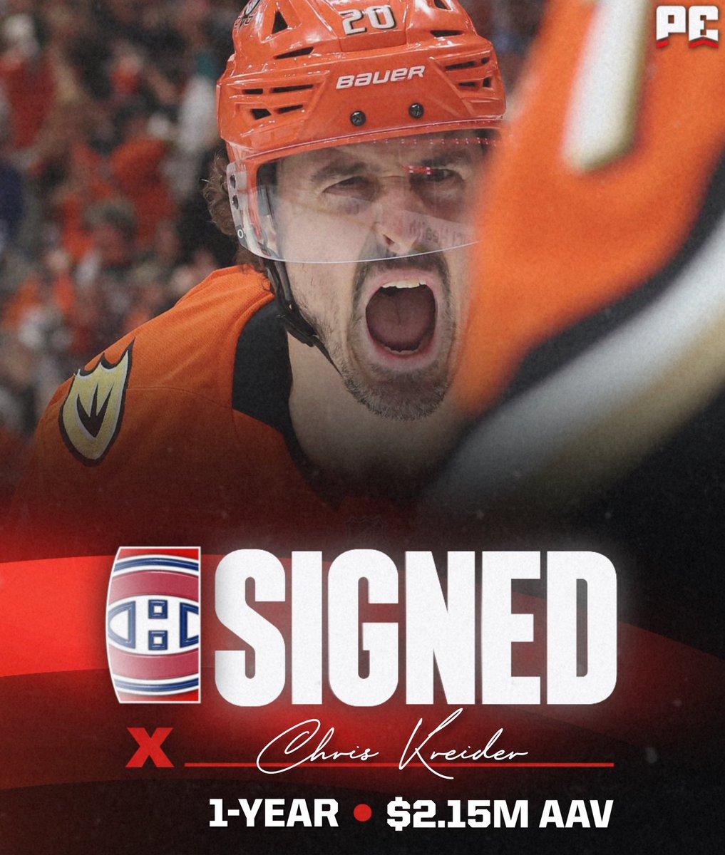 puckempire's tweet photo. BREAKING - The Montreal Canadiens have signed forward Chris Kreider to a one-year deal worth $2.15M AAV, with a maximum earning of $3M due to performance bonuses, per @FriedgeHNIC. https://t.co/bstsurPmoj