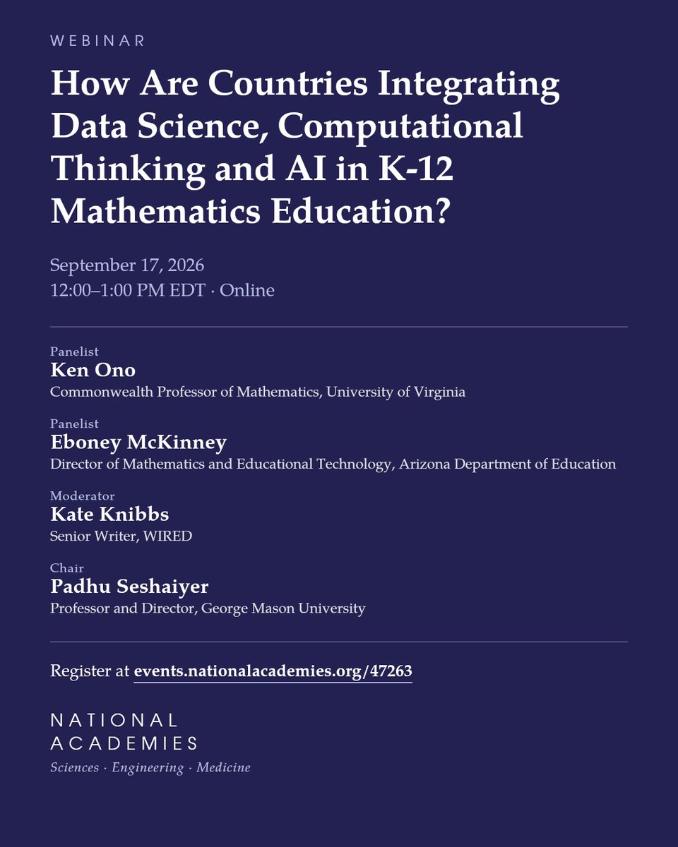 KenOno691's tweet photo. 17 countries are rewriting K-12 math curricula in response to the emergence of data science, computational thinking, and AI. The US is still deciding what to do.

A new @theNASEM report compares them, and we're discussing it live on Sept 17, 12 PM EDT, with @WIRED's Kate Knibbs moderating. Free and open to all.