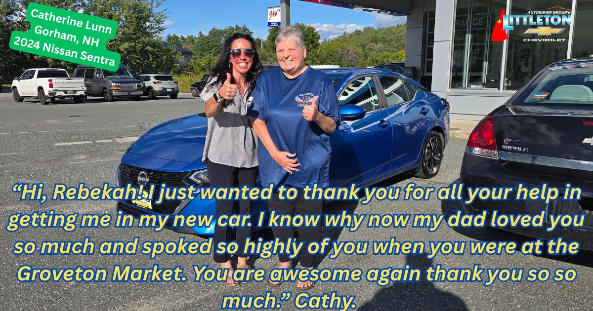 LittletonChevy's tweet photo. Thank you Cathy so much for your business and wonderful email to Rebekah yesterday morning. Your kind words mean the world to her. Congratulations on your new to you 2024 Nissan Sentra. Safe Travels. #ExperienceTheDifference #CustomersForLife https://t.co/pZw8WM20pn