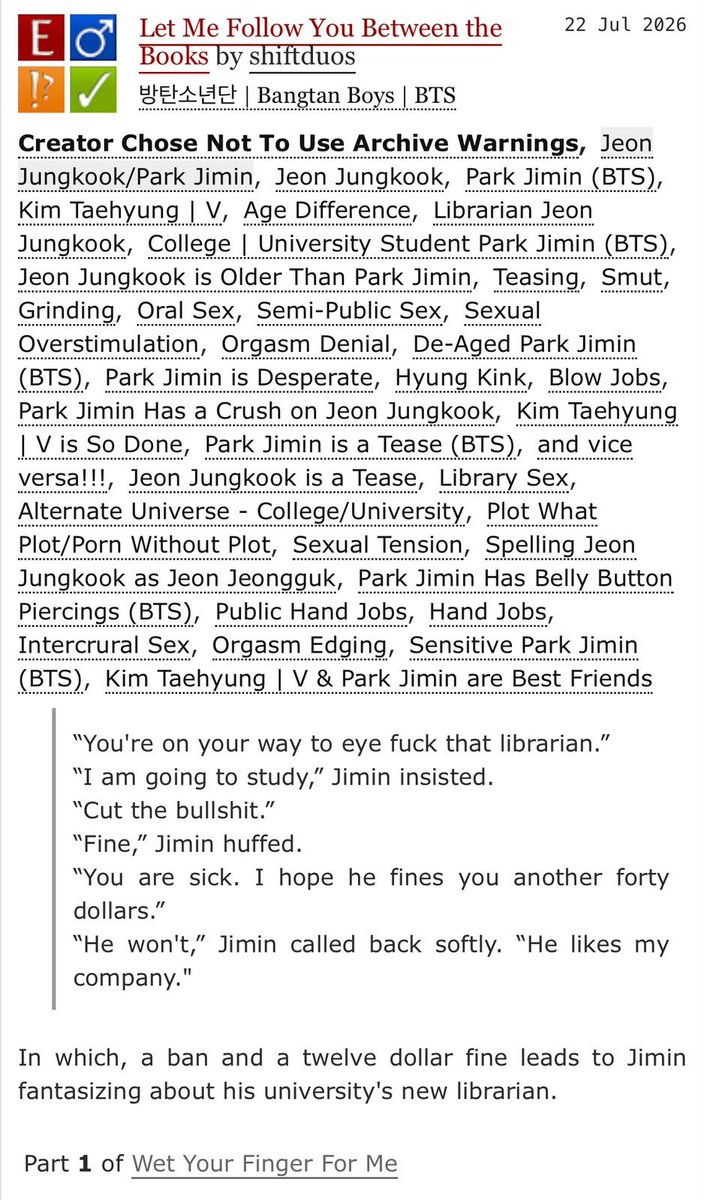 shftdos's tweet photo. wet your finger for me 🔖 #jikook series

— student jm &amp; librarian jk 
— age gap, older jk
— porn with some plot and some feelings
— fluff and smut

🔗 https://t.co/trt0qssPB5 https://t.co/TKodmwGAyW