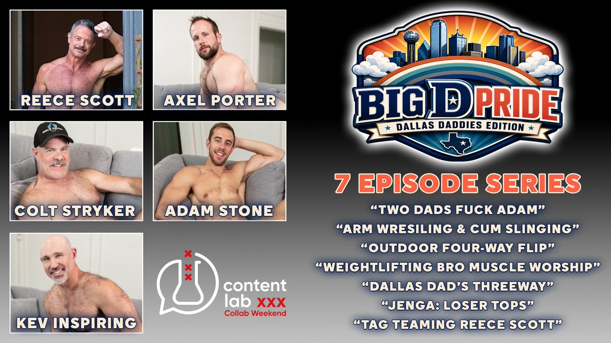adam_stone_xxx's tweet photo. BIG D PRIDE weekend scenes are finally on their way, starting tomorrow! The moments you didn't know you'd been waiting for, with @ReeceScottx, @AxelPorterX, @ColtStrykerX, @InspiringXXX, at @ContentLabXXX... Don't rub yourself raw over the next few weeks fellas! https://t.co/B9NcYGONEK