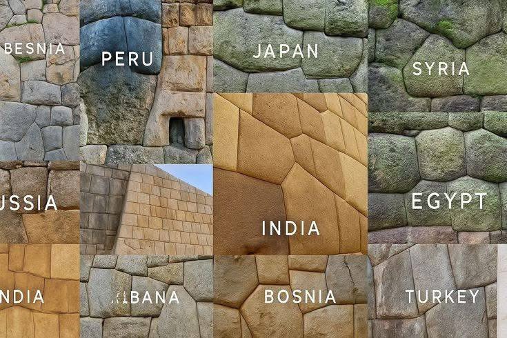 UnearthedHQ's tweet photo. Spanning across continents and centuries, this remarkable collage showcases a global phenomenon of human architectural ingenuity: the art of precision polygonal stonework. From the rugged, tightly interlocked grey andesite of Peru’s Inca heartland (labeled Peru) and the smooth, golden sandstone of India’s ancient forts (labeled India), to the formidable, moss-covered basalt blocks of Japan and Syria, each panel speaks of a lost mastery.

While the exact dating varies, these structures, many attributed to Bronze and Iron Age civilizations, represent a timeless challenge to engineering. The most astonishing detail is the seamless, mortarless joinery, where stones are sculpted to fit perfectly, some incorporating intricate geometric facets like those in the Bosnian segment. 

Standing before these walls, one is struck by a profound sense of awe and humility. They are silent testaments to the patience, skill, and unified purpose of ancient peoples, bridging civilizations across oceans and reminding us that the quest for structural perfection is a shared human heritage.