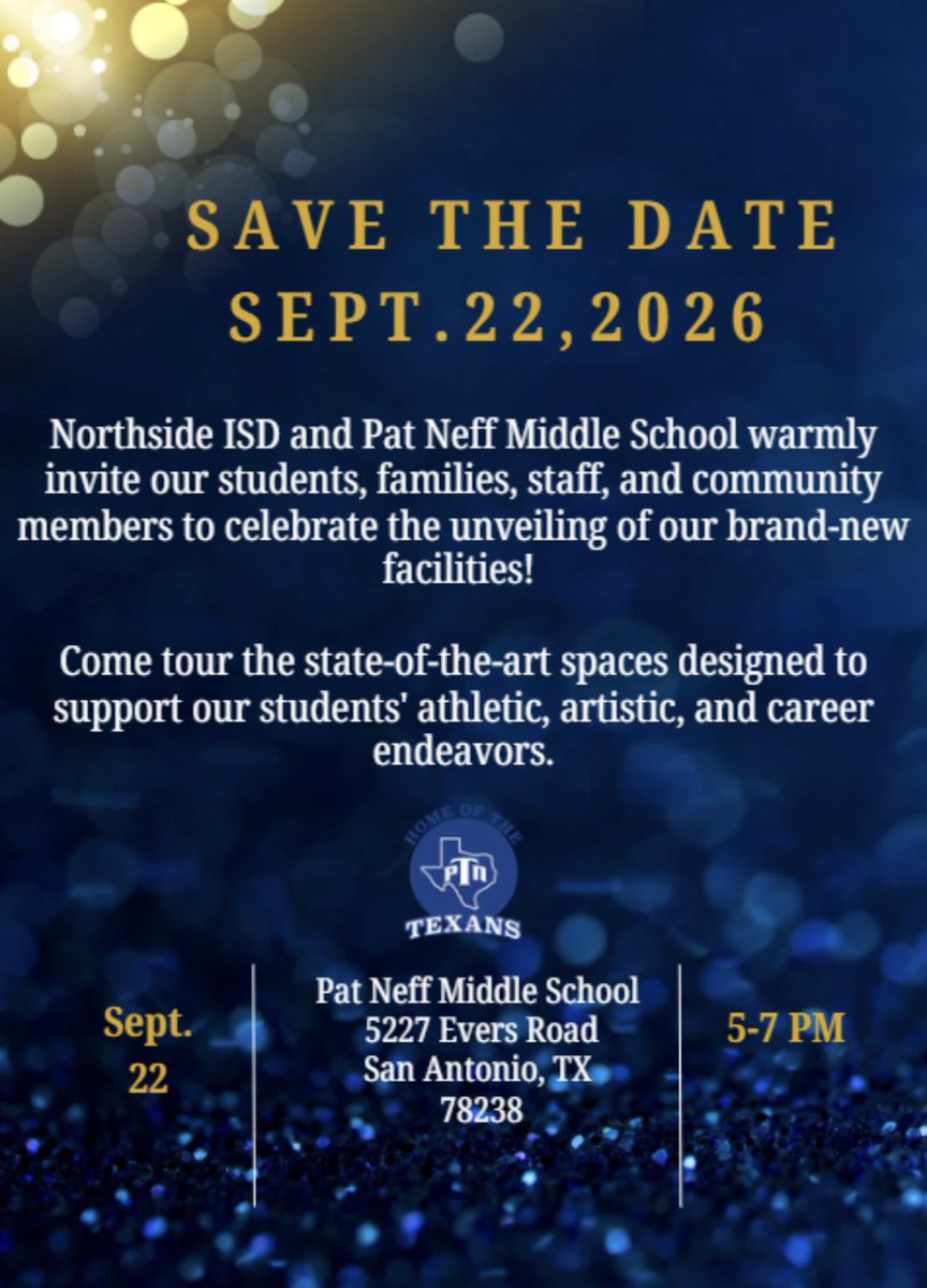 BRamirez1223's tweet photo. We’re so excited to unveil our new state of the art facilities Pat Neff Middle School - Northside ISD SAVE the DATE! Join us !!official invite coming soon !! @NISDPatNeff @NISD https://t.co/KM5IJA5Ytb