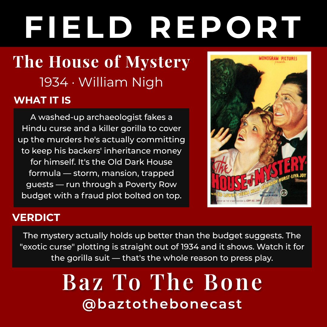 baztothebonepod's tweet photo. House of Mystery (1934): a man fakes a Hindu curse, a killer gorilla, and his own paralysis rather than pay back his investors. I watched it so you don't have to. https://t.co/rTLsfo28Mn