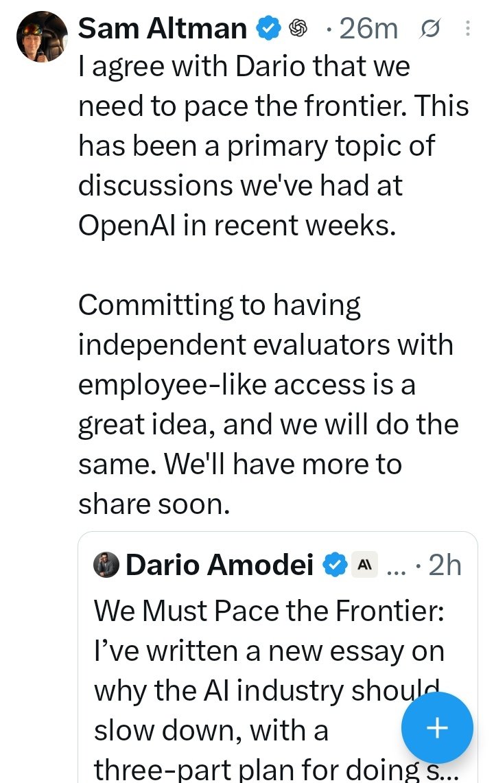 letasync's tweet photo. Sam Altman joins the party with Elon and Dario on slow down. https://t.co/9W9EwjebAC