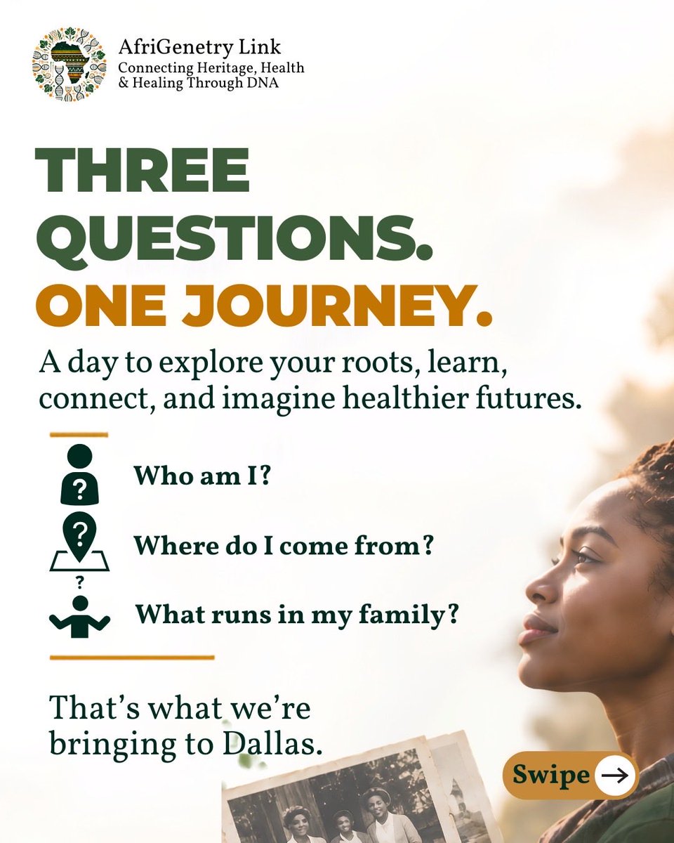 Afrigenetrylink's tweet photo. Who am I? Where do I come from? What runs in my family?

Free DNA kits available 
 Registration is FREE 

📅 Saturday, November 14, 2026 11:00 AM – 3:00 PM CST
 The Dallas Entrepreneur Center at
RedBird 3560 West Camp Wisdom Road, Suite 200, Dallas, Texas 75237 https://t.co/QtKcMUorf9