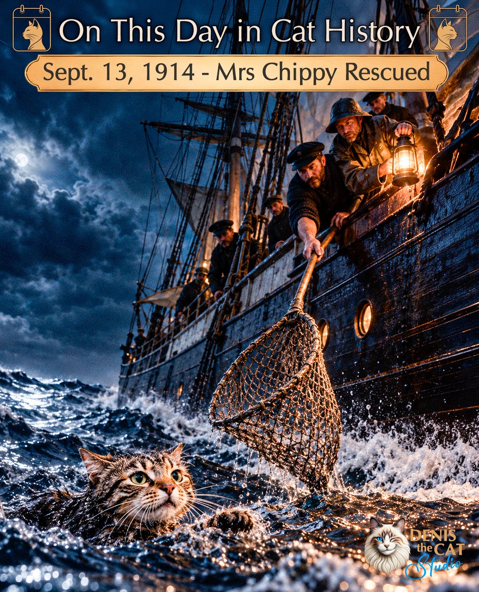 DenisTheCatStd's tweet photo. September 13, 1914 — Endurance Turns Back for Mrs Chippy

Mes amis, the male tabby ship’s cat went overboard in rough seas. Hudson turned Endurance around, and Mrs Chippy was rescued after ten minutes or more in the water. — Denis The Cat

#DenisTheCatStudio #CatHistory https://t.co/d6W8B6ZQCd