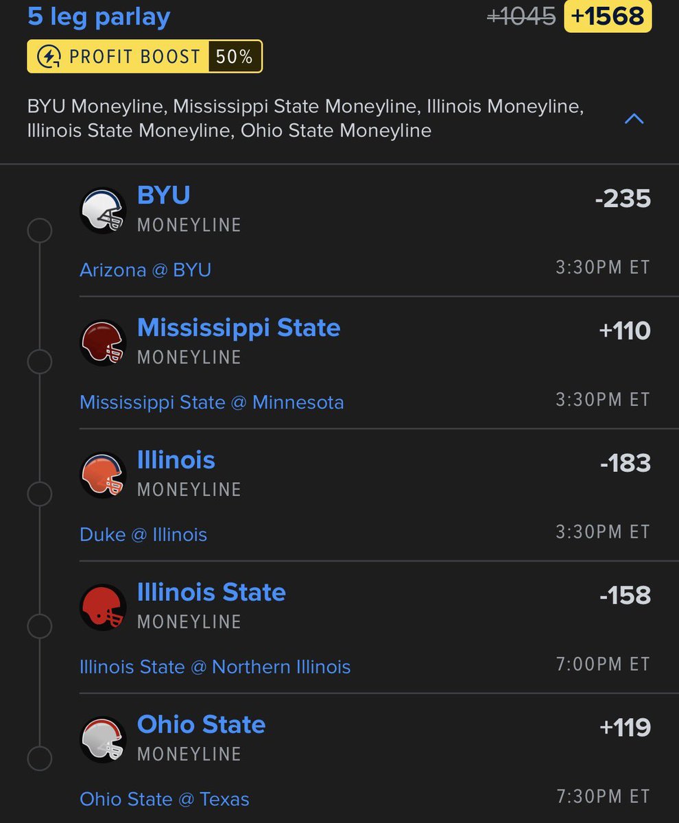 SiidkaBets's tweet photo. 🏈🔥 5-LEG CFB PARLAY 🔥🏈

BYU ML -235
Mississippi State ML +110
Illinois ML -183
Illinois State ML -158
Ohio State ML +119

💰 +1568 ODDS
🚨 50% PROFIT BOOST 🚨

LET’S CASH THIS ONE! 💰💰💰
#CFBPicks #CollegeFootball #Parlay #SportsBets https://t.co/DT6azOxpmM