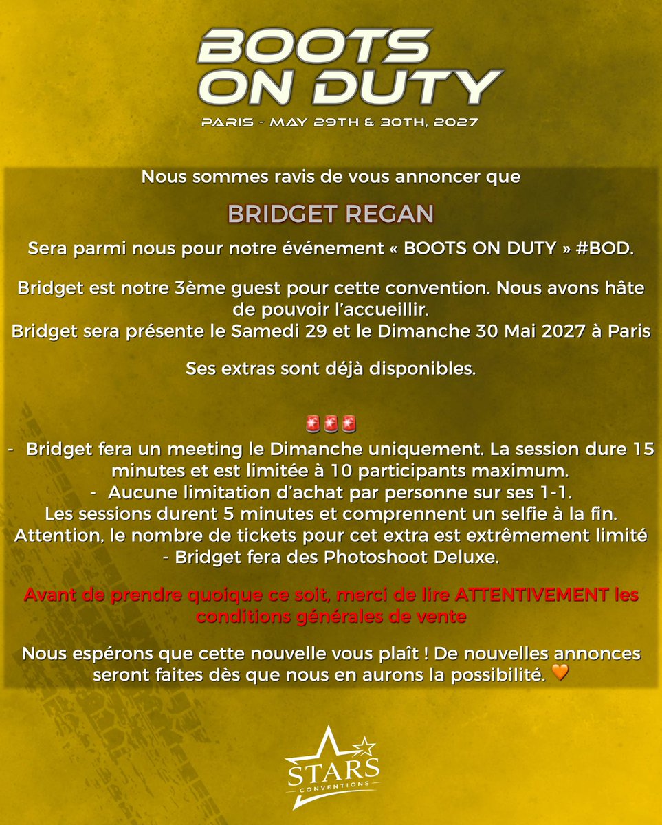 StarsConvs's tweet photo. #BOD #BootsOnDuty 🚔

Nous sommes très heureux d’officialiser la venue de BRIDGET REGAN pour la BOOTS ON DUTY à Paris ! 🚔

🗓️ Bridget sera présente les 29 & 30 Mai 2027
📍Paris, FRANCE 🇫🇷
-------
We are so thrilled to announce that BRIDGET REGAN is our 3th guest for our #BootsOnDuty convention next May in Paris 🚔

🗓️ May 29th & 30th, 2027
📍 Paris, FRANCE 🇫🇷

🎟️ https://t.co/2OkdD1hM2O