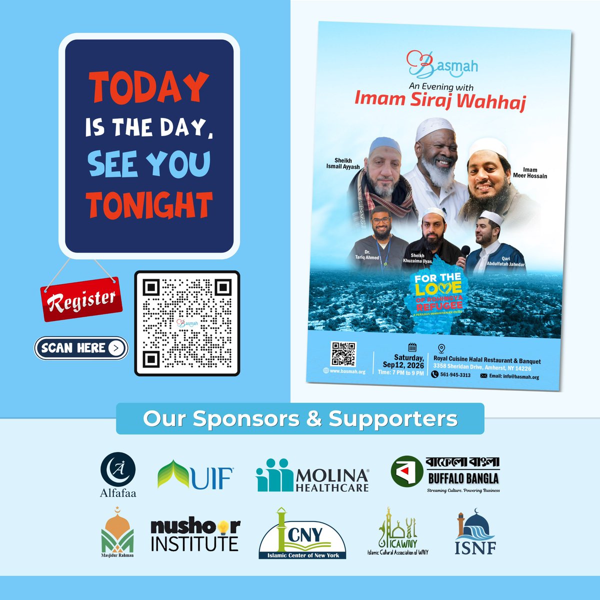 icnymasjid's tweet photo. 🚨 TONIGHT! 💙

ICNY is proud to support BASMAH’s “For the Love of Rohingya Refugees” with Imam Siraj Wahhaj.

Buffalo &amp; Amherst community—join us tonight!
📍 Amherst, NY | 🕖 7–9 PM

👉 Register Now: https://t.co/oOjCp4oZc1

#RohingyaRefugees #BuffaloNY #AmherstNY https://t.co/oSJiBuqlgj