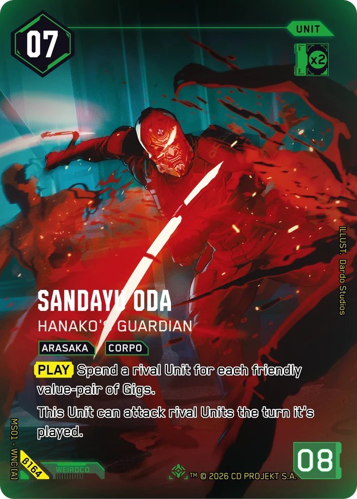 Adonis_Allan's tweet photo. Cyberpunk TCG Card of the Day🌆
Sandayu Oda: Hanako's Guardian - Iconic Rare
Big Green Unit (7 cost, 8 power).
When he hits the board, look at your Gig dice. Every pair of dice showing the same number lets you tip one enemy Unit sideways and can't attack.
He can also fight an enemy Unit right away on the turn you play him; most Units cannot.