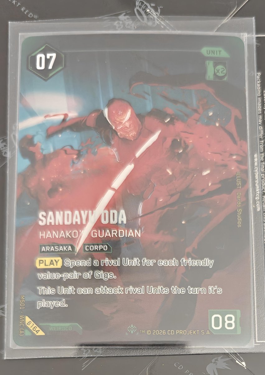 Adonis_Allan's tweet photo. Cyberpunk TCG Card of the Day🌆
Sandayu Oda: Hanako's Guardian - Iconic Rare
Big Green Unit (7 cost, 8 power).
When he hits the board, look at your Gig dice. Every pair of dice showing the same number lets you tip one enemy Unit sideways and can't attack.
He can also fight an enemy Unit right away on the turn you play him; most Units cannot.