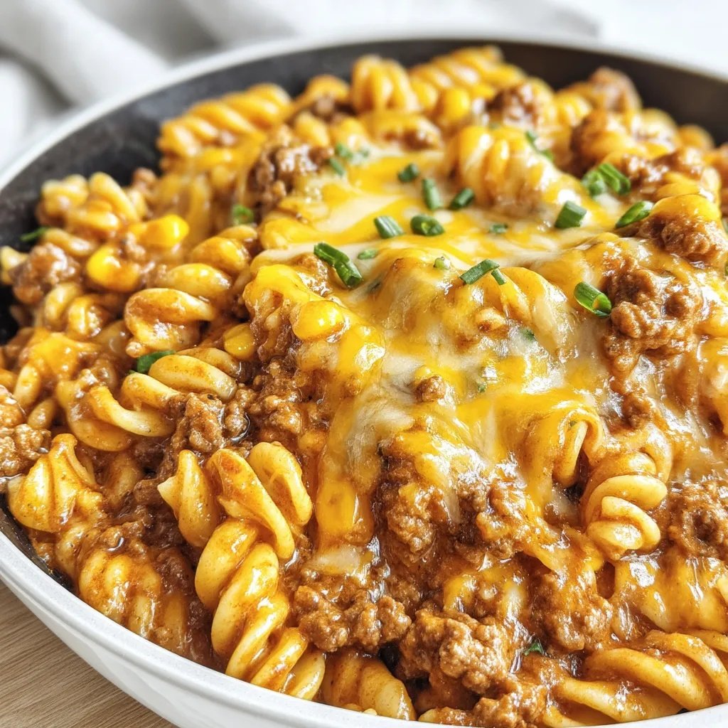 recipesbyclare's tweet photo. Enchilada Pasta

Ingredients:
- 1 tablespoon olive oil
- 1 cup yellow onion, diced
- 1 pound ground beef (ground turkey can also be used)
- 3 teaspoons taco seasoning (or an equal combination of cumin powder, chili powder and garlic powder)
- 20 ounces enchilada sauce (19 ounce can will work fine)
- 2 cups beef broth (chicken broth can also be used)
- 8 ounces dry (uncooked) rotini pasta (other similar shapes can be used)
- 1 1/2 cups Monterey Jack, Colby or cheddar cheese
- 2 ounces cream cheese, cut into 1-inch cubes
- 1 cup corn, thawed if using frozen
- Green onions for topping
- Fresh diced tomatoes for topping
- Black olives for topping
- Sour cream for topping
- Cilantro for topping

Instructions:
1. Heat oil and cook onions: Heat olive oil in a large, deep skillet or Dutch oven over medium heat. Add onions and sauté for 2-3 minutes until they start to soften.
2. Brown the beef: Add ground beef and cook for 5-6 minutes until no longer pink, breaking up the beef with a spoon as it cooks.
3. Add seasoning: Add taco seasoning (or garlic powder, chili powder, and cumin) to the pan, stir well, and cook for an additional minute.
4. Add sauce and pasta: Add enchilada sauce, broth, and dry pasta. Stir to combine, cover the pan, and bring to a boil.
5. Simmer until tender: Reduce to a simmer and cook for 15-20 minutes, stirring occasionally, until pasta is tender and has absorbed most of the cooking liquid. Different pasta brands may have different cook times.
6. Add optional ingredients: If adding sour cream, cream cheese, or corn, stir in during the last 2 minutes of cook time.
7. Finish and serve: Remove from heat and stir in the cheese. Add any optional mix-ins, garnish as desired, and serve.