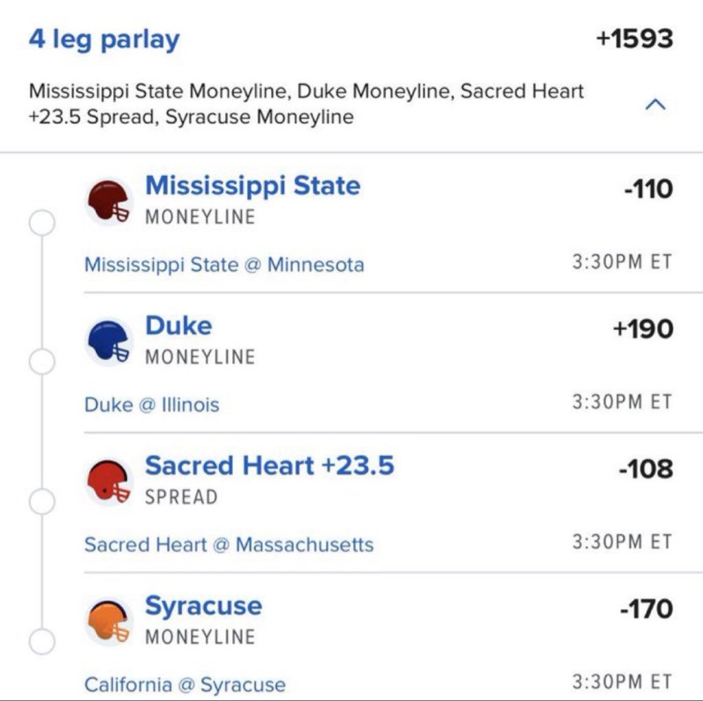 SiidkaBets's tweet photo. 🔥🏈 4-LEG CFB PARLAY 🚨

💰 +1593 ODDS 💰

🏈 Mississippi State ML -110
💙 Duke ML +190
🛡️ Sacred Heart +23.5 -108
🍊 Syracuse ML -170

🎯 ONE TICKET. FOUR LEGS. LET’S CASH! 💵🔥

#CFBPicks #CollegeFootball #Parlay #SportsBets #GamblingX https://t.co/KSZlPwCMAM