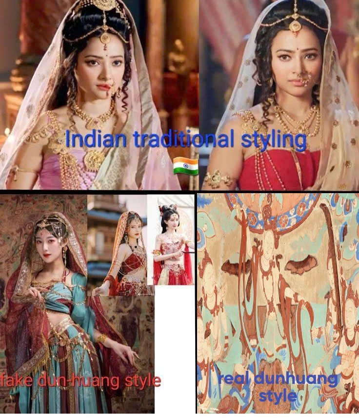 aslichin_'s tweet photo. Mural paintings were quite clear on which one is indian clothing, which one is sogdian, which one is chinese.

It is chinese people doing hodgepodge to steal indian clothing ultimately and rebrand it as dunhuang.
Indian culture should be called indian, it is not your western, persian, or chinese. It is INDIAN. You are stealing only the indian elements here from buddhist- hindu murals.
