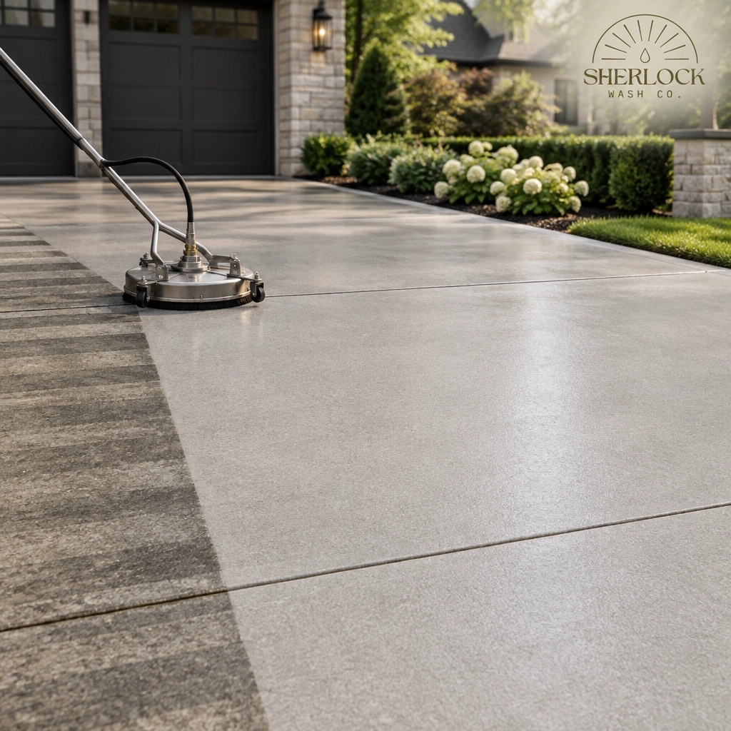 SherlockWashCo's tweet photo. Quick tip: A rotary surface cleaner delivers even, overlapping coverage: without the harsh striping a standard wand can leave behind. The result: a cleaner, more uniform driveway with a concrete-conscious approach. #Nashville https://t.co/yTIuHgrkNX