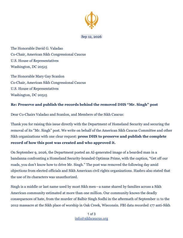 PritpalASCC's tweet photo. We thank the Members of Congress,  State and local Elected officials, andAmerican civil rights organizations who raised their voice and helped get DHS’s “Mr. Singh” post removed. Now preserve and publish the record.

@RepDavidValadao @RepMGS @nadinemaenza @RepAdamGrayCA @RepTomSuozzi @RepThompson @RepDebDingell @RepAdamSmith @RepGaramendi @RepJoshHarder @RepGraceMeng

@SecMullinDHS @DHSgov