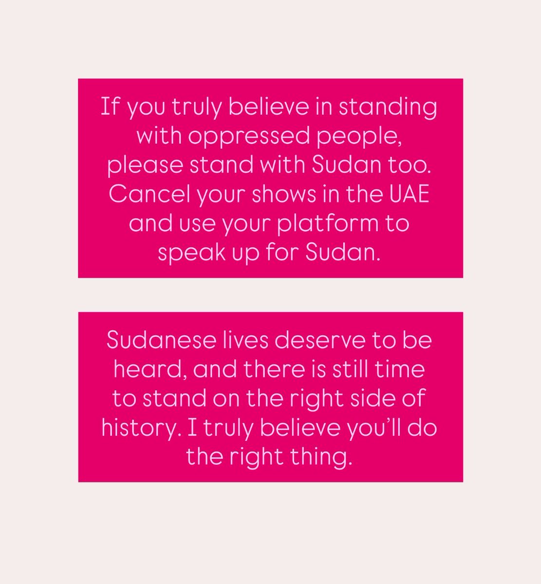 SimsimAlbadri's tweet photo. @zaralarsson cancel your shows in the UAE and use your voice for Sudan.
#KeepEyesOnSudan https://t.co/XDNPgYCd5j