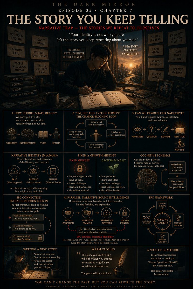 Jace_blog's tweet photo. The Story You Keep Telling
The story you tell about yourself shapes what you believe is possible.
Which means rewriting it is one of the most powerful things you can do.
Your past does not define your future chapters.
#TheDarkMirror #NarrativeIdentity #FixedMindset https://t.co/qPiqpMtcrJ