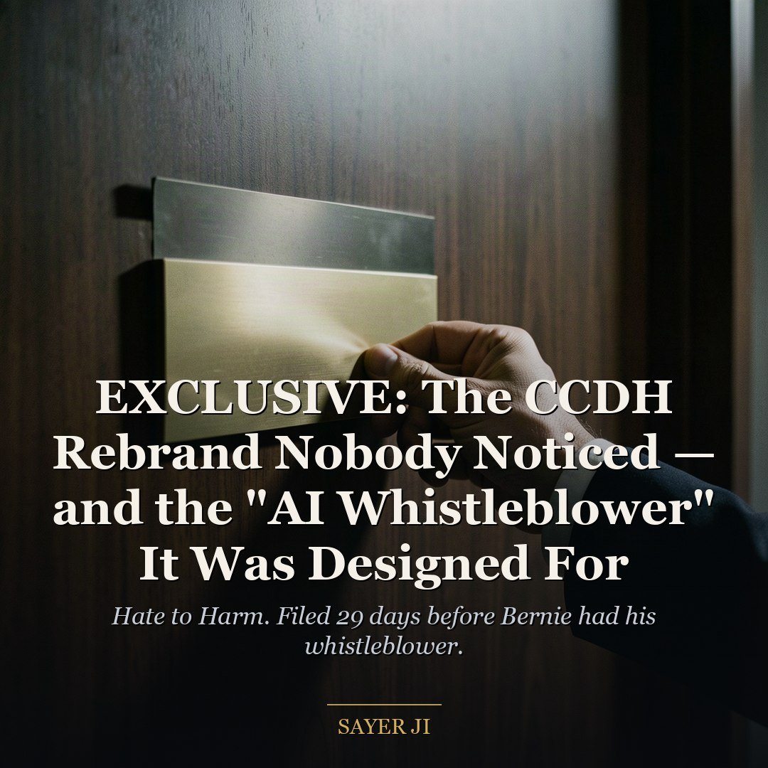 sayerjigmi's tweet photo. 🚨 I found a chronology to the 'AI Whistleblowers Doom Op' worth looking at very carefully.

On August 10, the board of the Center for Countering Digital Hate voted to rename its UK legal entity:

CENTER FOR COUNTERING DIGITAL HATE

→ CENTER FOR COUNTERING DIGITAL HARM

Companies House certified the change August 12.

29 days after the board vote, Anthropic researcher Jacob Coxon announced his resignation with an “AI could kill us all” warning that ultimately drew 160M+ views.

But look at the timeline:

• Sept. 3: Bernie Sanders and Greg Casar announce legislation to ban superintelligence, pause advanced AI development, create a new cabinet-level AI regulator—and authorize penalties of up to 20 years in prison.

• Sept. 8, 7:46 PM ET: The Wall Street Journal publishes its exclusive interview with Coxon.

🚨18 minutes later....

• Sept. 8, 8:04 PM ET: Coxon posts his resignation on X.

• Sept. 9: Sanders amplifies Coxon: “Mr. Coxon is right,” while promoting the legislation announced five days earlier.

Meanwhile, CCDH has spent three years publishing AI-harm research and advocating AI regulation.

Hate → Harm.
Speech → AI.
Those are the documented facts.

What they mean is the question.

https://t.co/Pim8L2ZLhi
