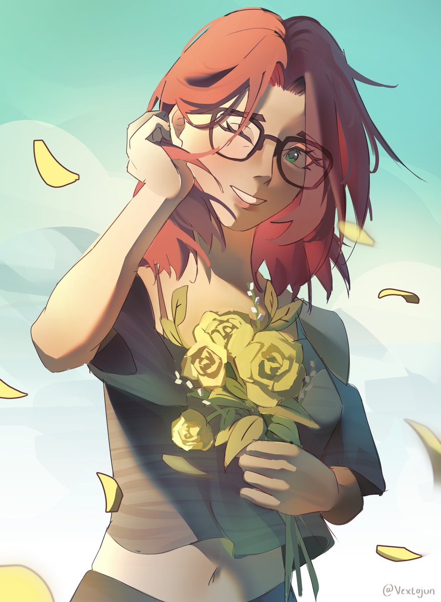 PAskew336's tweet photo. My oc Luna  taking my picture with my favourite flowers in my hand! 
Honestly yellow roses are my favourite! They’re so beautiful 🥺💛
Thank you to @vextajun  for this gorgeous commission!!

#comm #commision #drawingㅤ #flowers #roses #yellowroses https://t.co/trOVyh2O0S