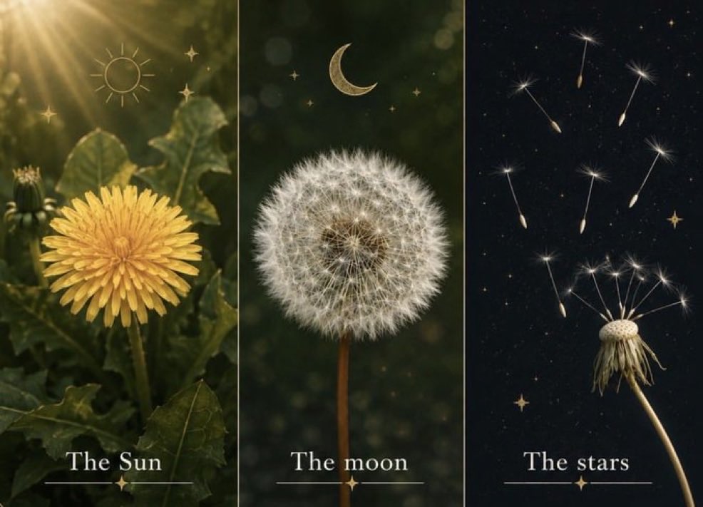 EvaLovesDesign's tweet photo. The dandelion is the only flower that represents three distinct celestial bodies throughout its life cycle. 
☀️🌙✨
Its bright yellow bloom mirrors the radiant morning sun. As it matures, it transforms into a fluffy white sphere resembling a glowing full moon. Finally, its individual seeds scatter on the wind, drifting away like a constellation of falling stars