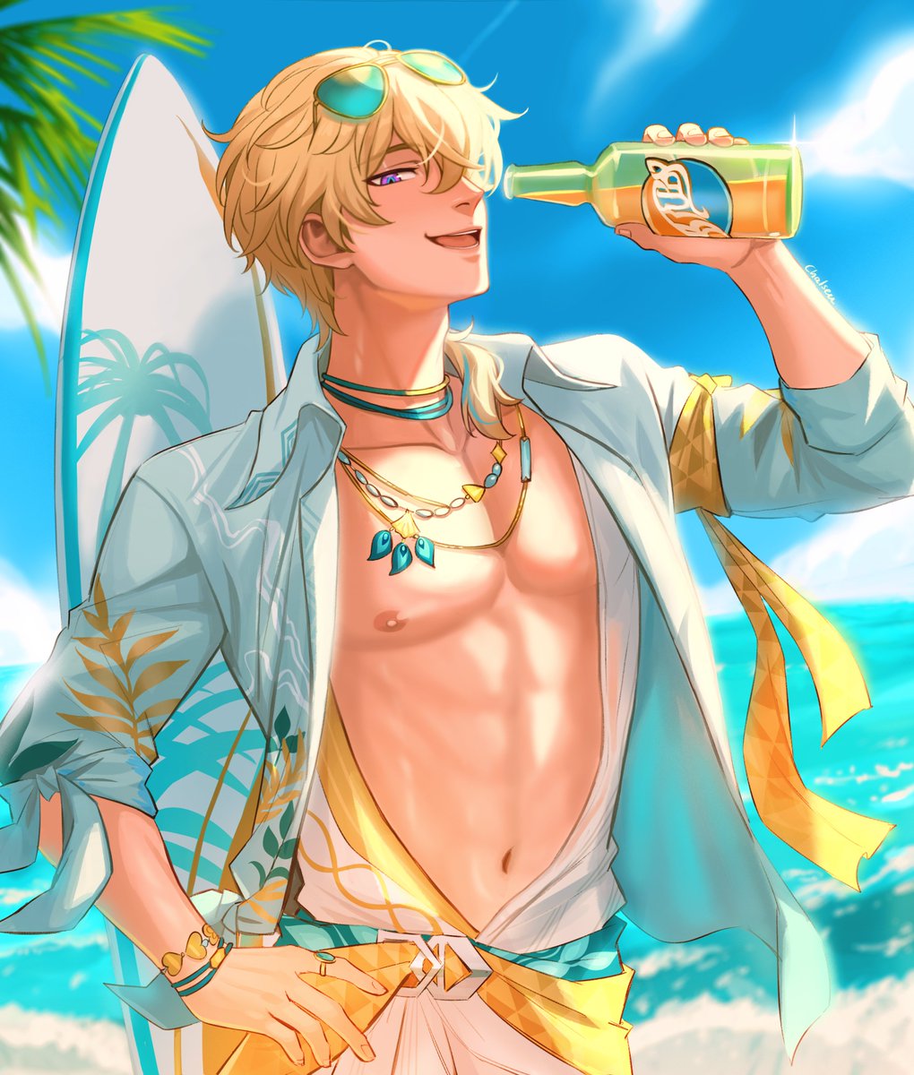 Chalseu_D's tweet photo. Why not have a drink by the sea, just you and I?🏖️🌴🍸    #Aventurine #HonkaiStarRail https://t.co/rjKG0S0joI