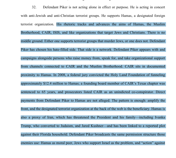 DSA_Watch's tweet photo. Interesting: The complaint alleges Hasan Piker is acting "in concert" with Hamas, the Muslim Brotherhood, CAIR, Zohran Mamdani, Ilhan Omar, Rashida Tlaib, and Abdul El-Sayed as part of a shared "network," https://t.co/xSdeSOoyIp