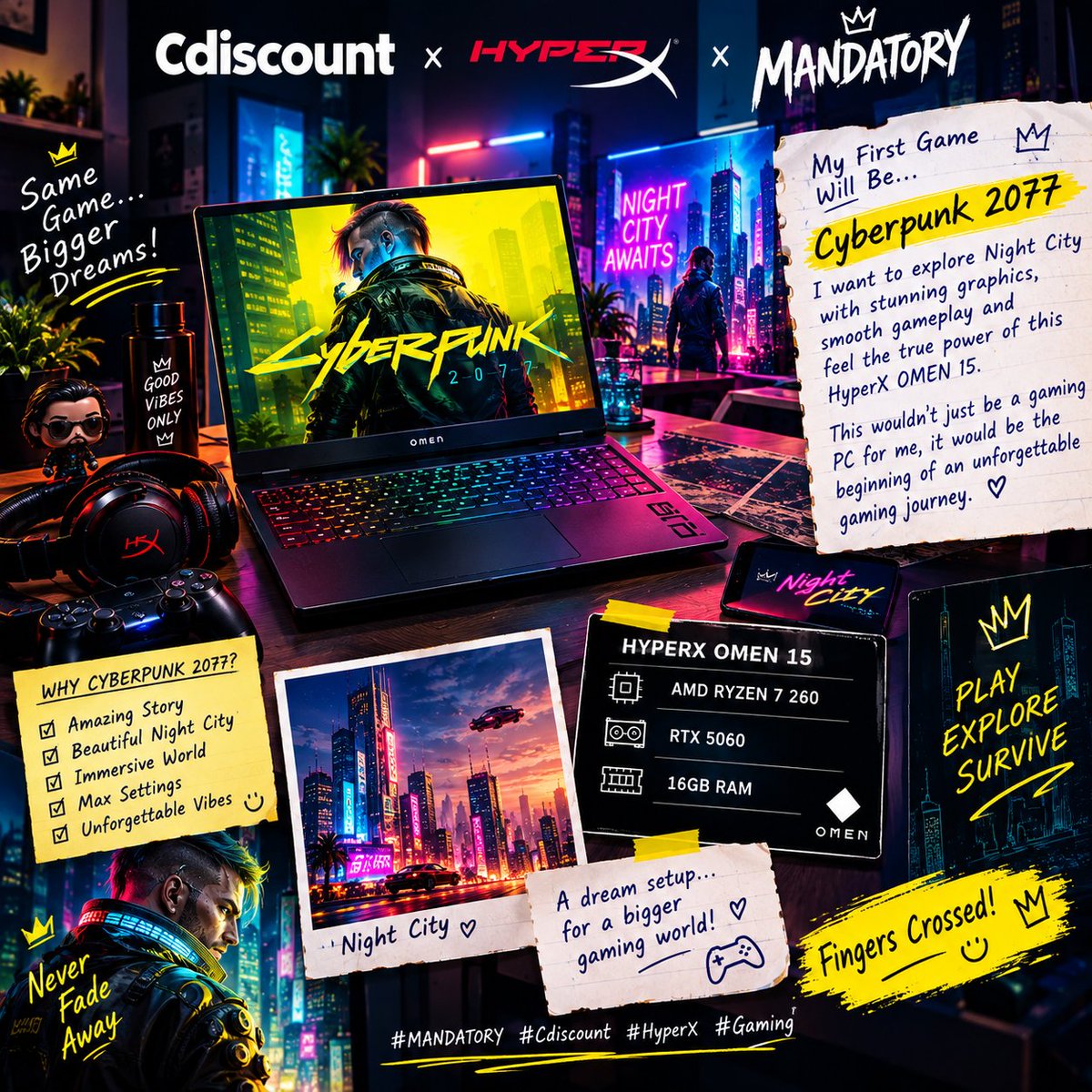 dhruvin_0007's tweet photo. Cyberpunk 2077 🌃🎮
Because sometimes a dream isn’t just about owning something—it’s about experiencing a moment you’ve imagined for a long time.
Finger crossed 🔀
Good luck my friend
#MANDATORY #Cdiscount #HyperX #Gaming
@MandatoryGG @Cdiscount @HyperXFrance https://t.co/hJP3kZ7XLb