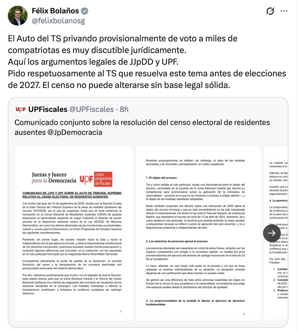 elequidistante's tweet photo. Este post del ministro de Justicia es gravísimo.

Apoyado en las asociaciones amigas sospechosas habituales, está calificando de "muy discutible jurídicamente" un auto del Supremo.

Y sobre todo, está presionando al TS para que resuelva sobre el censo que han hinchado artificialmente ellos previamente concediendo la nacionalidad española prácticamente a cualquiera con un antepasado español a través de una instrucción lamentable "antes de elecciones de 2027".

Y es evidente que si la decisión es contraria a la opinión del Gobierno, el TS volverá a ser puesto a los pies de los caballos.

Ya tenemos un poder legislativo completamente sometido al ejecutivo, y la intención es someter al poder judicial, que es su única barrera para el control absoluto.

Si alguien tenía dudas sobre las intenciones que tenían con esa instrucción, creo que cada vez están más despejadas.