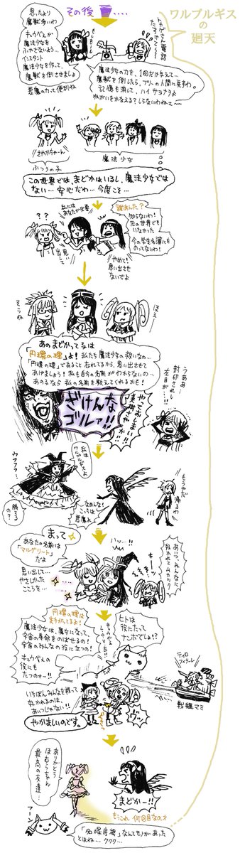 belbelfun's tweet photo. まどかマギカ・アニメ＆映画
ネタバレあり感想絵
(※個人的主観を含みます)

「ワルプルギスの廻天」過去に出たセリフ沢山リプライズされるの、まどマギ好きには堪らない✨
「マルグリート」悪魔の契約で破滅し最後に救済される名前なのも良いし、結局まどか、どうなったの？また映画見に行かなきゃ！ https://t.co/SnzCAZo4ls