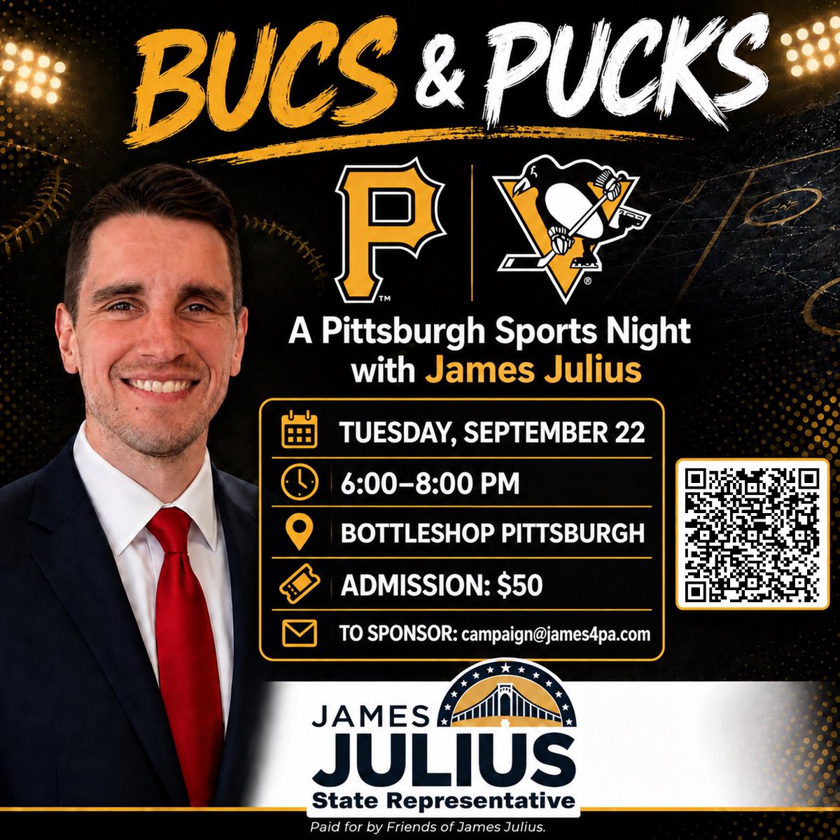 JamesJuliusPA's tweet photo. ⚾🏒 Bucs &amp; Pucks is on!

Join me Sept. 22, 6–8 PM at Bottleshop Pittsburgh. Watch both games while supporting one of our final campaign fundraisers. $50 admission includes light fare and refreshments.

Tickets: https://t.co/XlAjUYuESH

Paid for by Friends of James Julius. https://t.co/aQXSmBl2fo