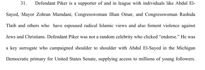 DSA_Watch's tweet photo. Interesting: The complaint alleges Hasan Piker is acting "in concert" with Hamas, the Muslim Brotherhood, CAIR, Zohran Mamdani, Ilhan Omar, Rashida Tlaib, and Abdul El-Sayed as part of a shared "network," https://t.co/xSdeSOoyIp