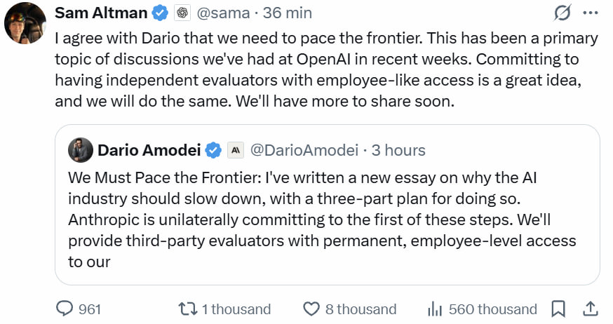AnatoliKopadze's tweet photo. This is starting to look like a win and the right way for things to go.

Sam Altman (OpenAI CEO) just agreed with the solution Dario Amodei proposed, slowing down AI development before it gets out of control.

When your fiercest competitor backs your warning, it stops being just talk and starts being real.

Really glad this is unfolding the right way, now we just wait to see how China responds.