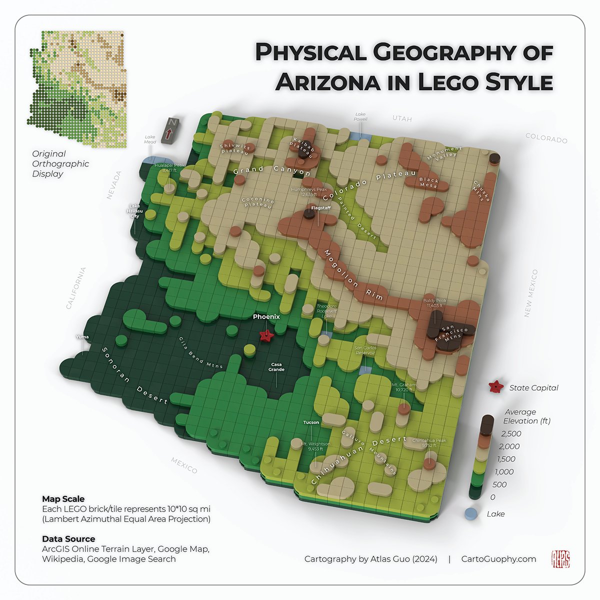 Esri's tweet photo. What happens when cartography meets creativity? 🗺️

This Arizona map reimagines the state's terrain with a unique tile based design to reveal the state's terrain in a whole new way. A must-see for map lovers and LEGO fans alike! https://t.co/Wg4uLdUdU6

🔸Authored by: Atlas Guo https://t.co/y2Kz4AAVEg