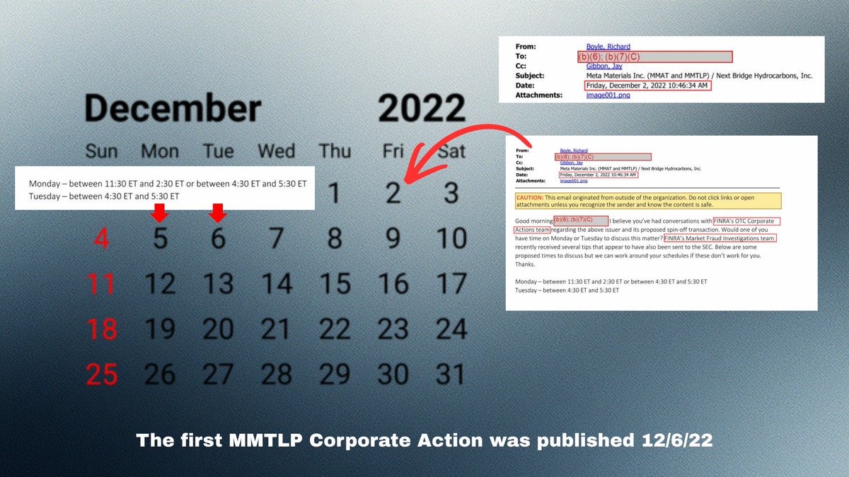 RareDealsHere's tweet photo. "I believe you've had conversations with FINRA's Corporate Actions Team regarding the above issuer and its proposed spin-off transaction. Would one of you have time on Monday or Tuesday to discuss this matter?"

Here we see FINRA communicating with the @SECGov about the MMTLP Corporate Action days before the first Corporate Action was published, planning to speak more on either 12/5/22 or 12/6/22 (the day that the first MMTLP Corporate Action was published).

Are we supposed to believe that the SEC wasn't involved with the MMTLP Corporate Action BEFORE it was published? 

This appears to explain why the SEC doesn't care that FINRA didn't adhere to their Rule 6490.

So who was on the other end of these communications and what did they discuss? @FBI @TheJusticeDept