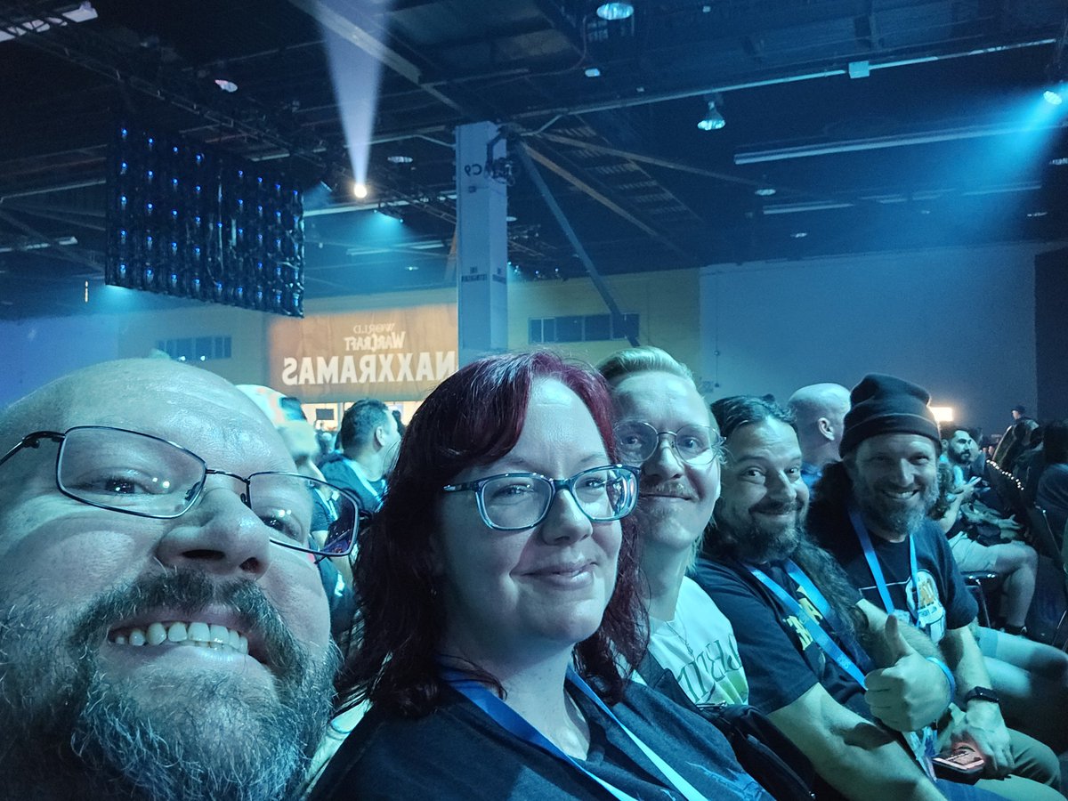 AliandrasK's tweet photo. Waiting for opening ceremony with my better half, @GamingWith_Ease @Shieldwalled and @SoloQueueWoW  #BlizzCon https://t.co/RatSePrPkq