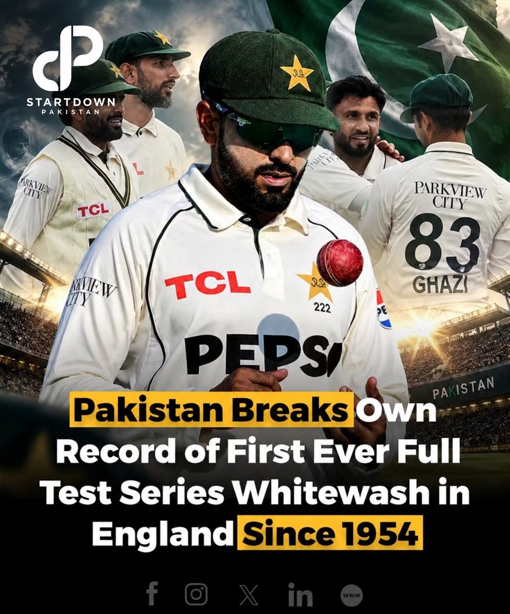 thepakistantp's tweet photo. Pakistan have suffered their first-ever complete Test series whitewash in England. Since their first Test series there in 1954, Pakistan had played 16 series in England without losing every match. That record has now come to an end, marking a historic first in Pakistan’s Test 🏏. https://t.co/oi3HCHHxGi