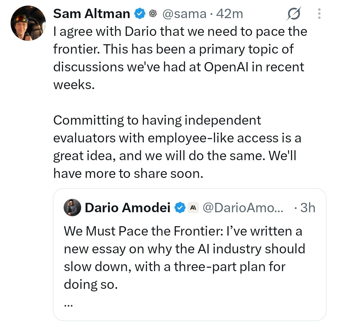 DrEliDavid's tweet photo. Fun fact #1: They both want to IPO. They both need to slash model training costs to show a path to profitability. An AI development slowdown serves exactly that purpose.

Fun fact #2: China has bridged the gap with the US. Any US slowdown would hand AI supremacy to China.
_ https://t.co/kxEwZ4vH8s
