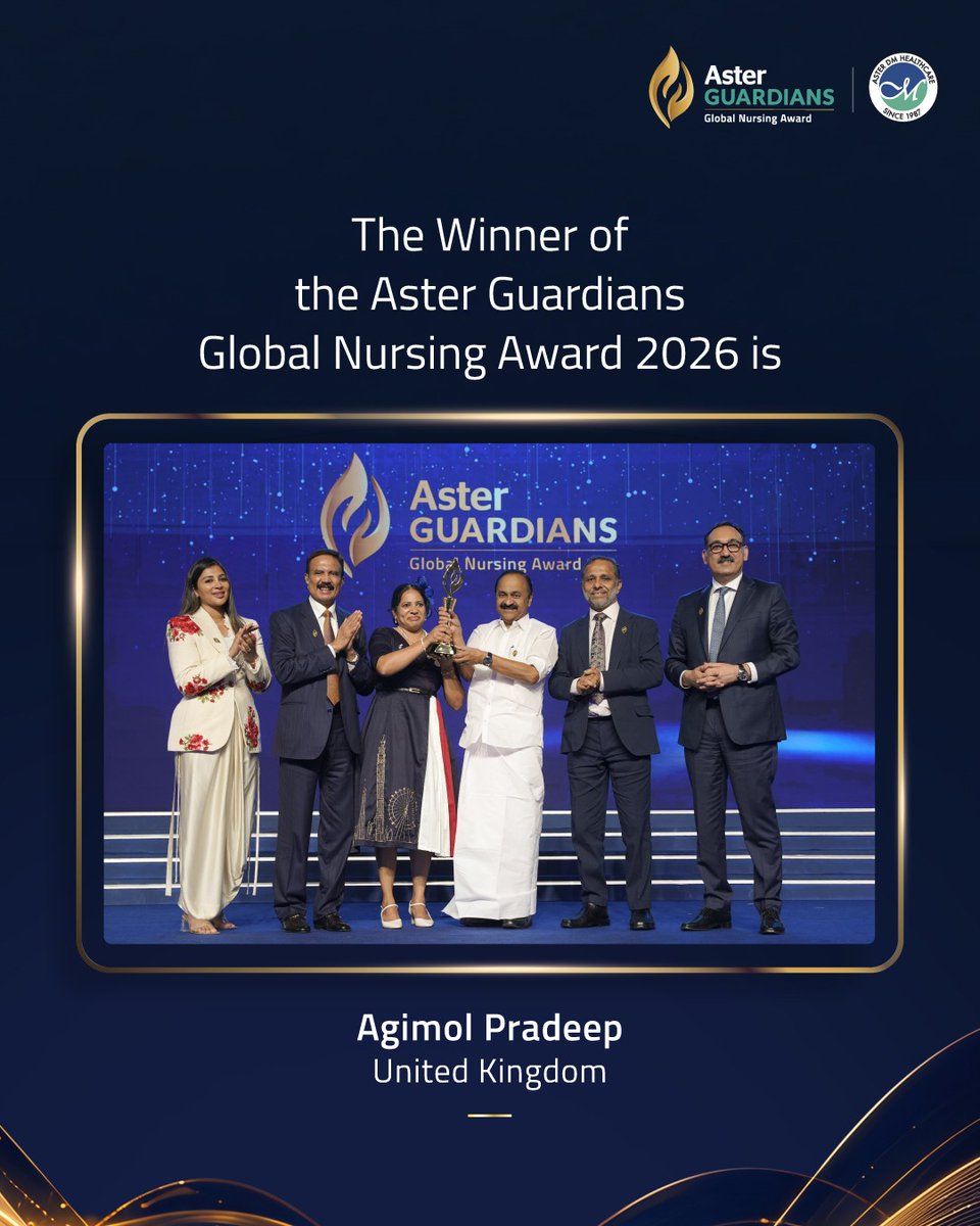 ASTERHealthcare's tweet photo. A moment of pride for nursing!
Congratulations to Agimol Pradeep, the Aster Guardians Global Nursing Award 2026 Grand Prize Winner. 
From countless acts of care to an extraordinary recognition, Agimol Pradeep from the United Kingdom has gone above and beyond to make a difference. https://t.co/dqjQI1TmtV