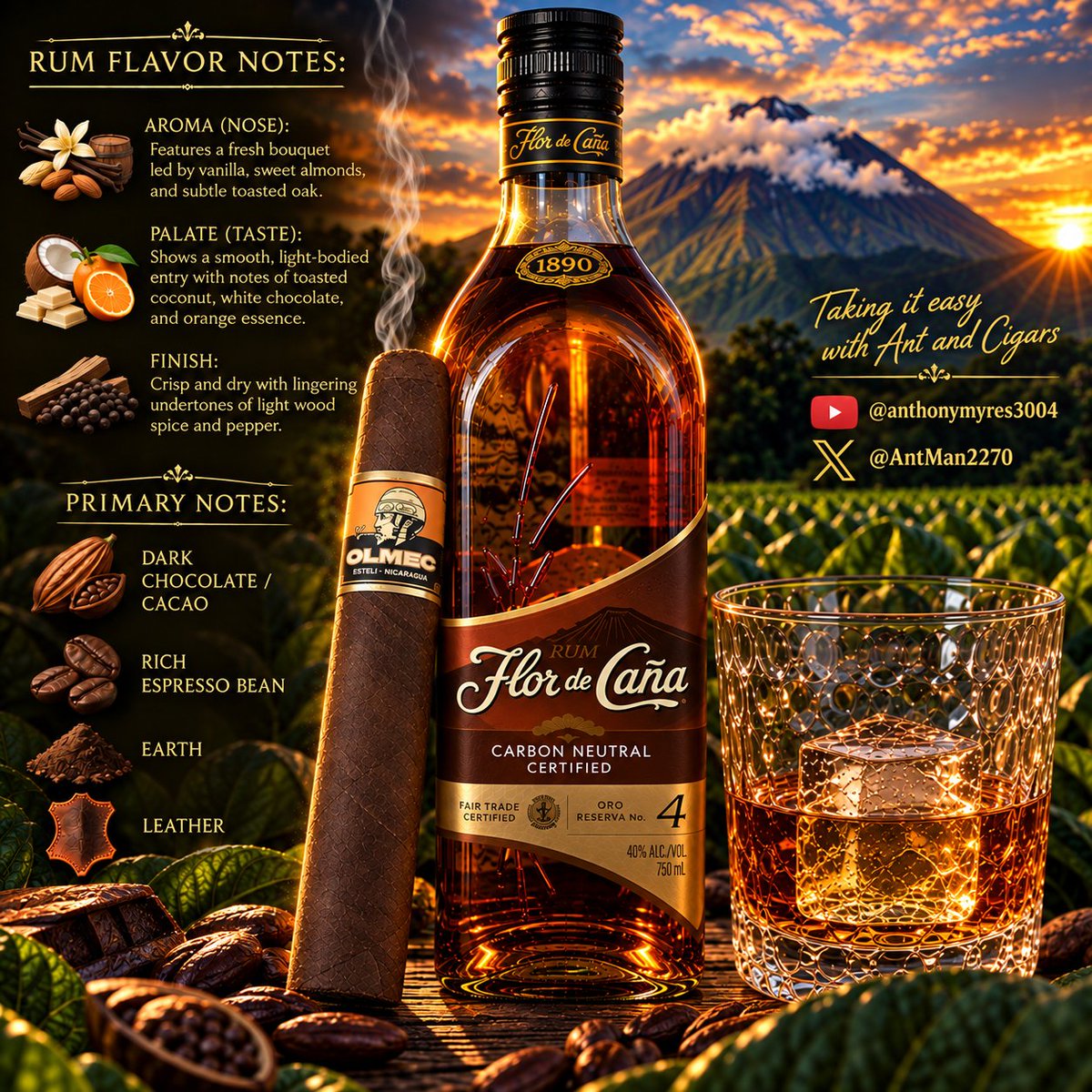AntMan2270's tweet photo. Let start a conversation my cigar family and aficionados. What type of spirits would you pair this OLMEC Maduro with?  Today I'm choosing Flor de Cana Rum. #cigar #cigarlovers #cigarshow #cigaraficionados https://t.co/FyoZ0crbUm