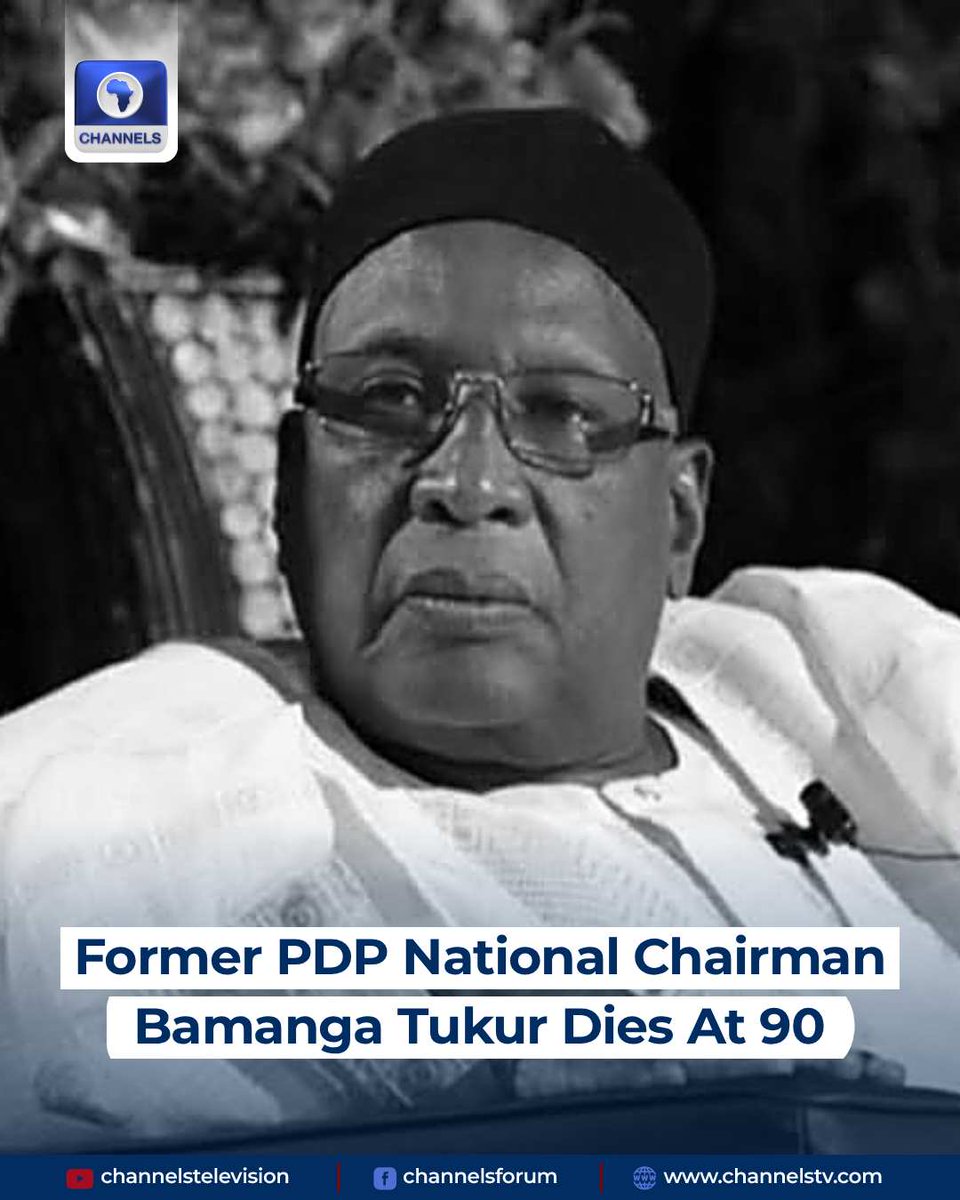 channelstv's tweet photo. Former National Chairman of the Peoples Democratic Party (PDP), Alhaji Bamanga Tukur, is dead.

Tukur, a former governor of the old Gongola State and Minister of Industries, died on Saturday at the age of 90.

His death was announced in a statement issued by his former media aide, Oliver Okpala, with the consent of his children, Awwal Tukur and Lami Tukur.

According to the statement, Tukur died at about noon at his residence in Abuja.

https://t.co/vUIm1tqiiU