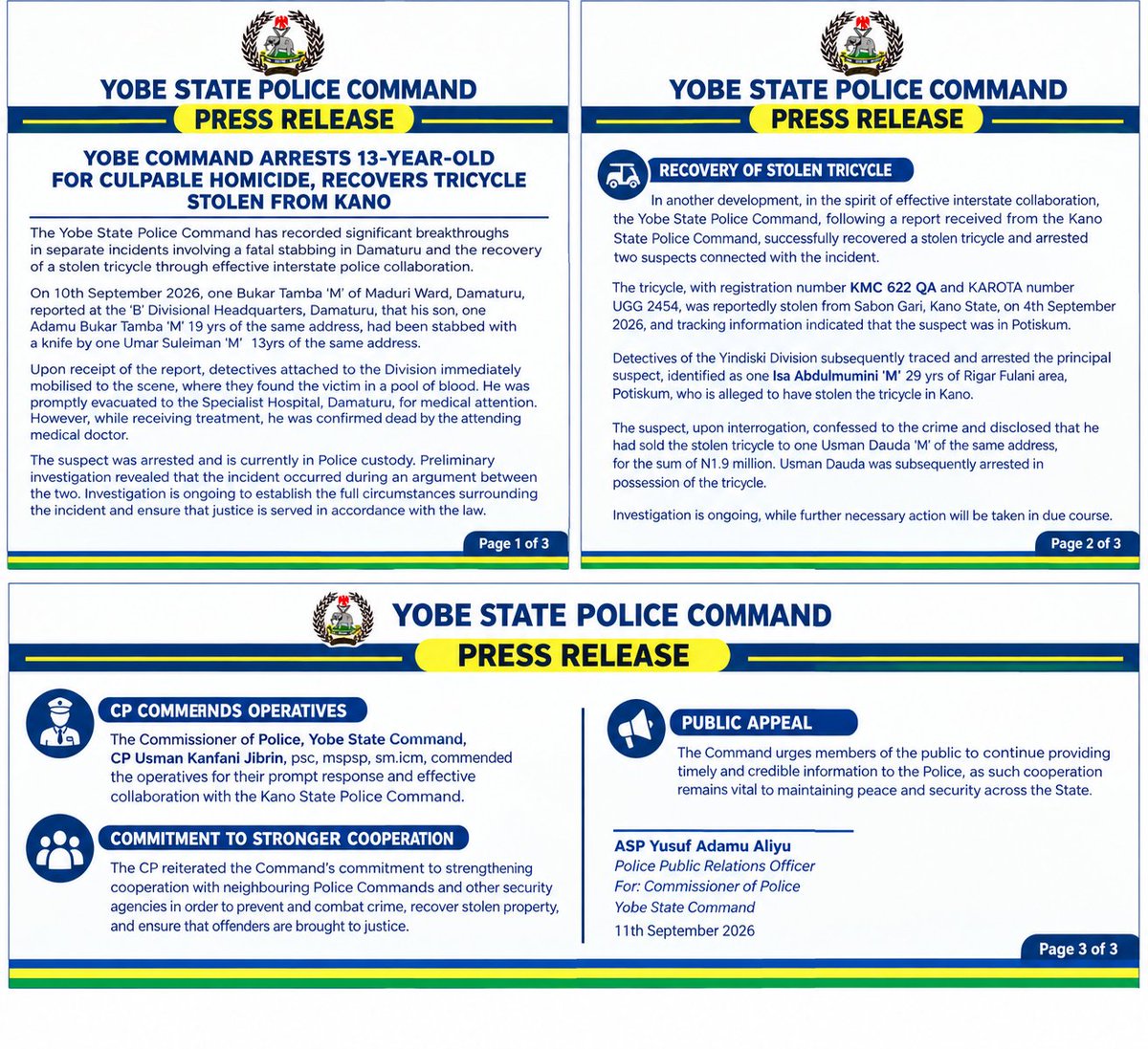 YobePoliceNG's tweet photo. YOBE STATE POLICE COMMAND 
PRESS RELEASE 
12TH SEPTEMBER, 2026 https://t.co/3kyElkprl0