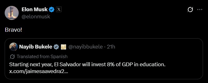 MarioNawfal's tweet photo. 🇸🇻 Elon cheered Bukele for putting 8% of El Salvador’s economy into schools!

Bukele says that starts next year, about $3B, plus 50,000 scholarships already in motion.

This year’s education budget is still around $1.68B.

The Assembly has until 30 September to see if 2027 actually carries that load.

The crime half of the story is already on the board.

Killings went from 6,656 in 2015 to 82 last year and 42 so far in 2026.

That is the crackdown people mean when they talk about a 98% drop from the old peak.

Elon has been in this for a while, and xAI is already in Salvadoran classrooms.

Bukele’s pitch now is simple: the gangs are in prison, so spend the peace on kids. The best bet for the future.

Source: El Mundo / Writer: Lucas