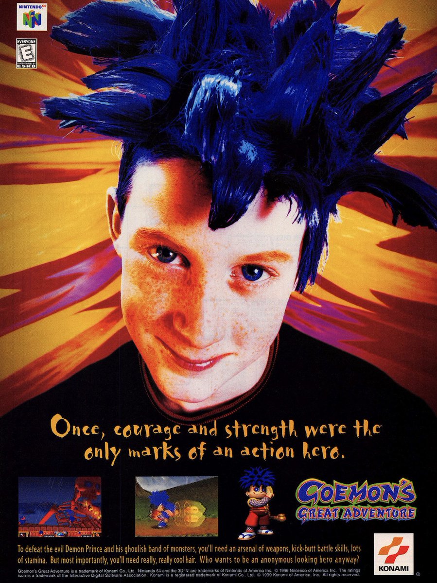 GameHistoryOrg's tweet photo. Konami's Goemon franchise isn't the easiest to market in the West. (This U.S. print ad for 2000's Goemon's Great Adventure on N64 is... a good illustration?) https://t.co/8YLBZBzAgT